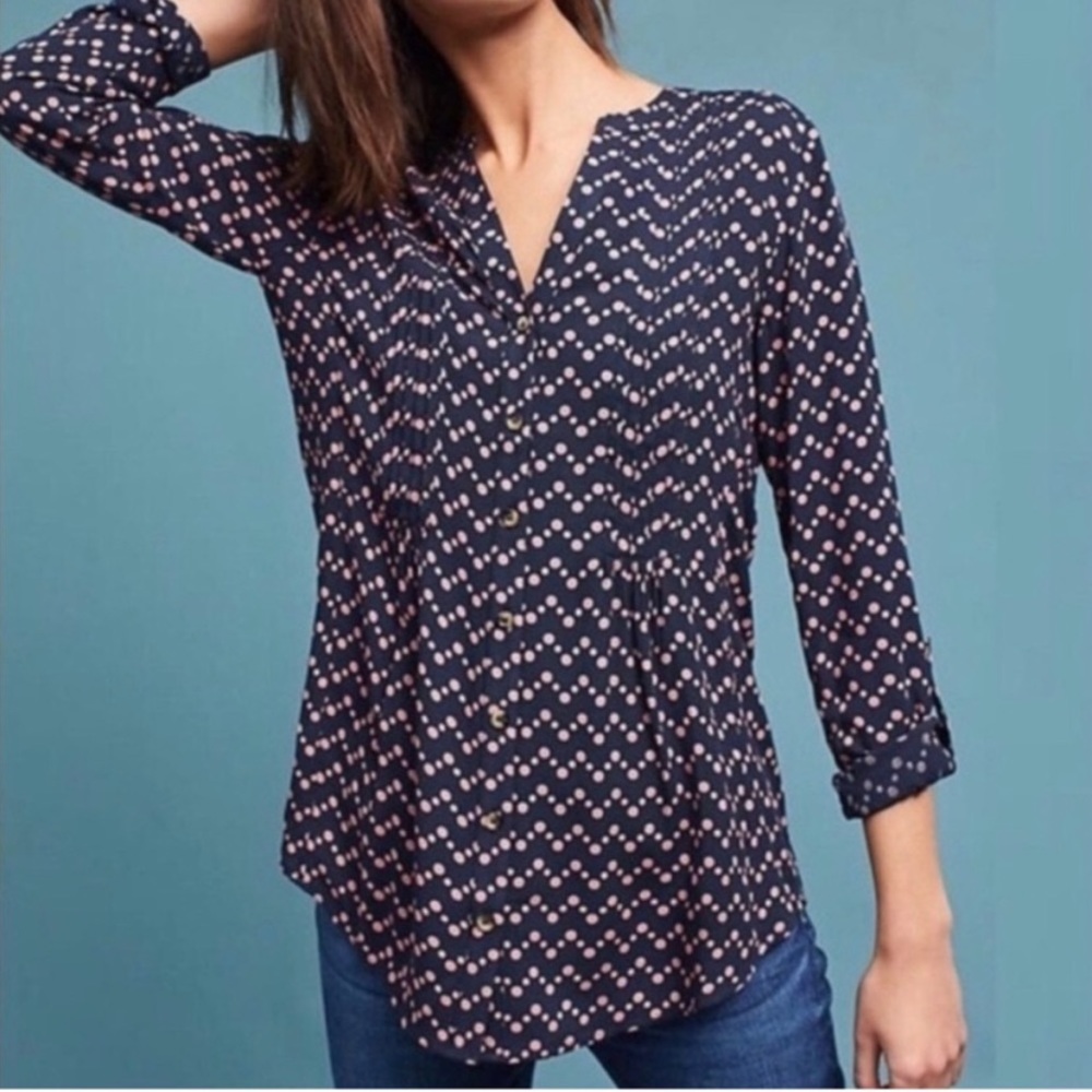 {Maeve} Polka Dot Button Down Blouse in Navy & Pink - Women's XS - Picture 2 of 5